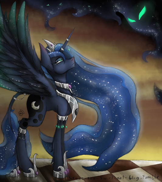 Size: 1600x1800 | Tagged: artist:cross-the-swirl, classical unicorn, derpibooru import, jewelry, leonine tail, princess luna, safe, solo, spread wings