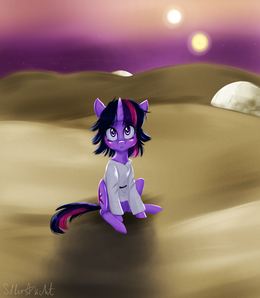 Size: 2100x2400 | Tagged: artist:silbersternenlicht, binary sunset, clothes, crossover, derpibooru import, looking up, luke skywalker, messy mane, safe, sitting, solo, star wars, tatooine, twilight sparkle, two suns