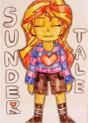 Size: 937x1299 | Tagged: safe, artist:blazingdazzlingdusk, derpibooru import, sunset shimmer, equestria girls, clothes, cosplay, costume, crossover, drawing, frisk, solo, traditional art, undertale