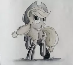 Size: 750x671 | Tagged: applejack, artist:ncmares, boots, derpibooru import, fireproof boots, grayscale, monochrome, open mouth, raised hoof, safe, solo, traditional art