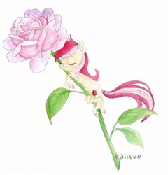 Size: 1936x2019 | Tagged: artist:raiwee, derpibooru import, eyes closed, flower, hug, micro, rose, roseluck, safe, simple background, solo, traditional art