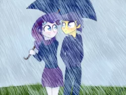 Size: 800x600 | Tagged: safe, artist:ultrard, derpibooru import, comet tail, rarity, equestria girls, blushing, colored pupils, cometity, eye contact, female, looking at each other, male, rain, shipping, straight, umbrella