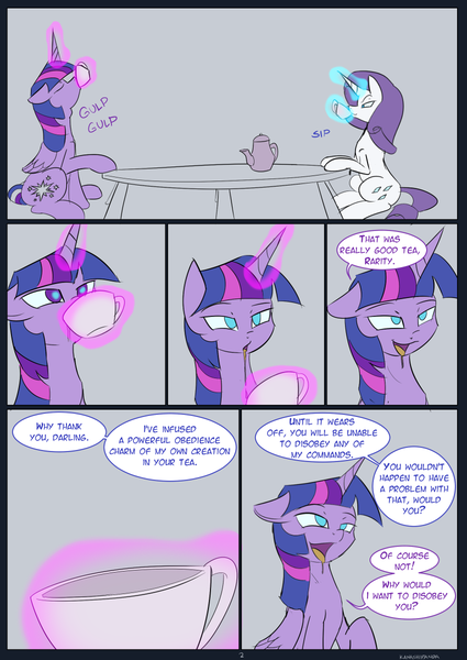 Size: 850x1200 | Tagged: questionable, artist:kanashiipanda, derpibooru import, rarity, twilight sparkle, twilight sparkle (alicorn), alicorn, pony, unicorn, comic:royal taste test, comic, dialogue, drugged, explicit source, female, glowing horn, image, lesbian, magic, mare, mind control, png, rarilight, telekinesis