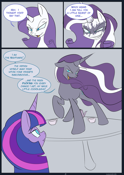 Size: 850x1200 | Tagged: suggestive, artist:kanashiipanda, derpibooru import, nightmare rarity, rarity, twilight sparkle, twilight sparkle (alicorn), alicorn, pony, unicorn, comic:royal taste test, kanashiipandaverse, comic, dialogue, explicit source, female, image, lesbian, mare, mind control, nightmare rarilight, png, raised hoof, rarilight, transformation, vulgar