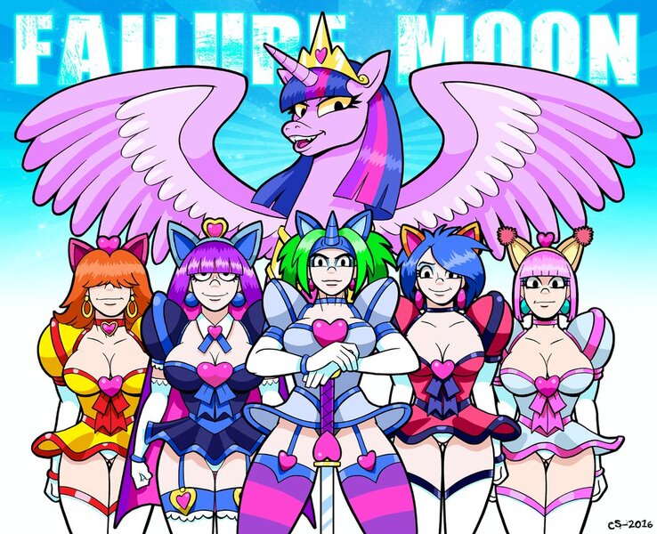 Size: 991x806 | Tagged: suggestive, artist:curtsibling, derpibooru import, twilight sparkle, twilight sparkle (alicorn), oc, oc:lolith, oc:pegaslut, alicorn, pony, crossover, female, magical girl, mare, parody, sailor moon