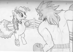 Size: 1123x794 | Tagged: artist needed, safe, derpibooru import, cheerilee, human, pony, 80s, 80s cheerilee, artifact, bipedal, boxing gloves, boxing ring, braces, hilarious in hindsight, leg warmers, pencil drawing, this will end in tears and/or death, traditional art