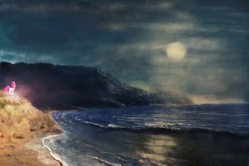 Size: 2000x1333 | Tagged: artist:plotcore, beach, derpibooru import, moon, night, painting style, pinkie pie, safe, scenery, solo