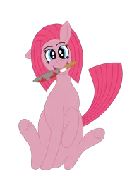 Size: 1936x2592 | Tagged: semi-grimdark, artist:squipycheetah, derpibooru import, pinkie pie, earth pony, pony, blood, bloody knife, eye twitch, floppy ears, grin, head tilt, knife, looking at you, mouth hold, pinkamena diane pie, raised hoof, simple background, sitting, smiling, solo, transparent background, twitch, vector