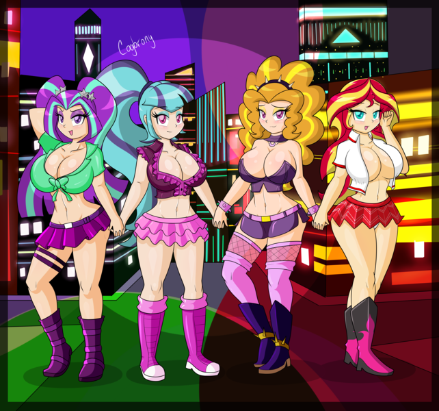 Size: 6667x6229 | Tagged: suggestive, artist:thebrokencog, derpibooru import, adagio dazzle, aria blaze, sonata dusk, sunset shimmer, human, equestria girls, absurd resolution, belt, big breasts, bimbo, boots, breasts, busty adagio dazzle, busty aria blaze, busty dazzlings, busty sonata dusk, busty sunset shimmer, city, cleavage, clothes, female, females only, high heel boots, high heels, human coloration, humanized, legs, macro, midriff, miniskirt, pigtails, pleated skirt, ponytail, quartet, senran kagura, sexy, skirt, slutset shimmer, socks, stockings, stupid sexy adagio dazzle, stupid sexy aria blaze, stupid sexy dazzlings, stupid sexy sonata dusk, stupid sexy sunset shimmer, the dazzlings, thigh highs, thighs, twintails, zettai ryouiki