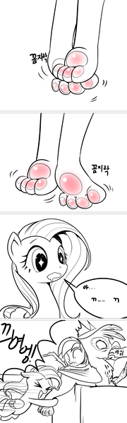 Size: 1080x3600 | Tagged: safe, artist:gashiboka, derpibooru import, fluttershy, gilda, rainbow dash, gryphon, comic, foot fetish, hug, korean, paw fetish, paws