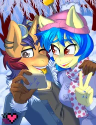 Size: 989x1280 | Tagged: safe, artist:ladypixelheart, derpibooru import, oc, oc:electric spark, oc:silvia, unofficial characters only, anthro, pegasus, unicorn, anthro oc, goggles, phone, selfie, silspark, snow