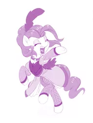 Size: 835x1100 | Tagged: alternate hairstyle, artist:dstears, clothes, derpibooru import, dress, eyes closed, feather, fishnets, monochrome, open mouth, over a barrel, pinkie pie, purple, raised hoof, safe, saloon dress, saloon pinkie, simple background, singing, solo, stockings, white background