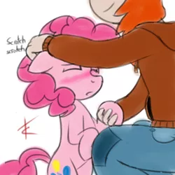 Size: 1450x1450 | Tagged: safe, artist:crade, derpibooru import, pinkie pie, human, pony, ear scratch, holding hooves, human on pony hoof holding