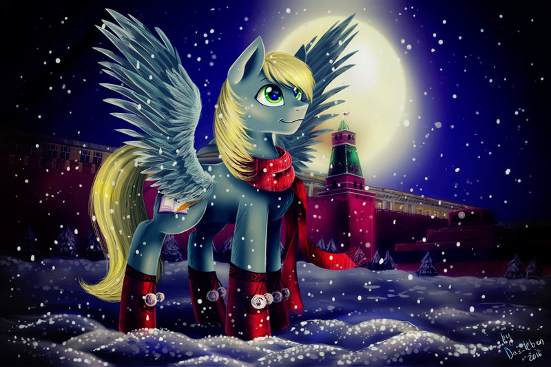 Size: 3000x1999 | Tagged: artist:das_leben, boots, clothes, commission, derpibooru import, kremlin, moon, moscow, not derpy, oc, russia, safe, scarf, snow, snowfall, solo, unofficial characters only