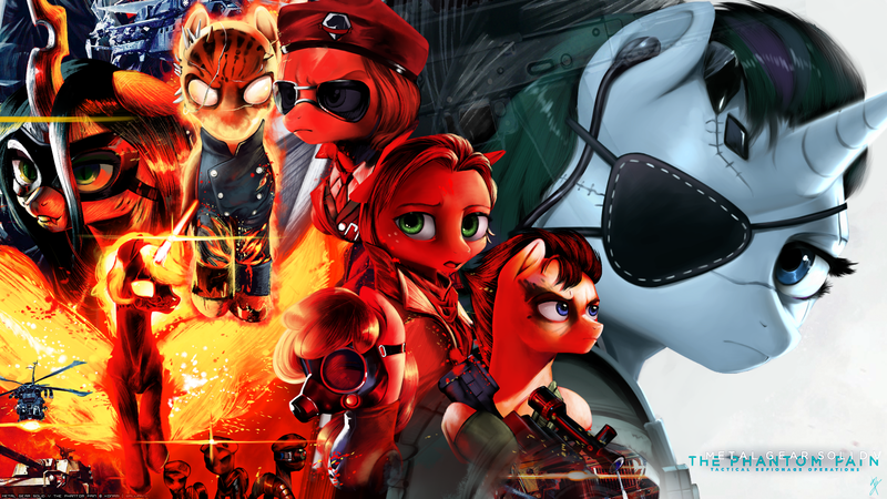 Size: 1920x1080 | Tagged: applejack, artist:supermare, crossover, derpibooru import, flash sentry, gun, helicopter, metal gear, metal gear solid, metal gear solid 5, nightmare star, nurse redheart, ponified, princess celestia, queen chrysalis, quiet (metal gear), rainbow dash, rarity, revolver ocelot, safe, skull face, sniper, tank (vehicle), the man on fire, twilight sparkle, venom snake, venom twilight, volgin, wallpaper, weapon