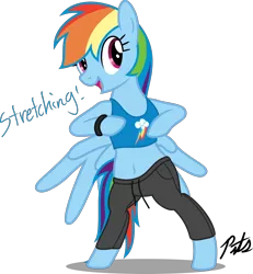 Size: 1280x1387 | Tagged: safe, artist:camo-pony, derpibooru import, rainbow dash, pony, semi-anthro, belly button, bipedal, bra on pony, clothes, midriff, simple background, solo, sports bra, transparent background