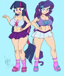 Size: 821x973 | Tagged: suggestive, artist:danmakuman, artist:ponyguy67, derpibooru import, rarity, twilight sparkle, human, equestria girls, armpits, belly button, big breasts, boots, breasts, busty rarity, busty twilight sparkle, cleavage, clothes, colored, equestria girls outfit, female, high heel boots, high heels, humanized, legs, midriff, miniskirt, pleated skirt, shoes, skirt, sports bra