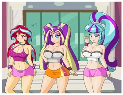 Size: 6667x5171 | Tagged: suggestive, artist:thebrokencog, derpibooru import, aria blaze, sonata dusk, sunset shimmer, equestria girls, absurd resolution, big breasts, bimbo, breasts, busty aria blaze, busty sonata dusk, busty sunset shimmer, cleavage, clothes, female, fusion, legs, miniskirt, pigtails, ponytail, school, skirt, tall, thighs, twintails, zipper