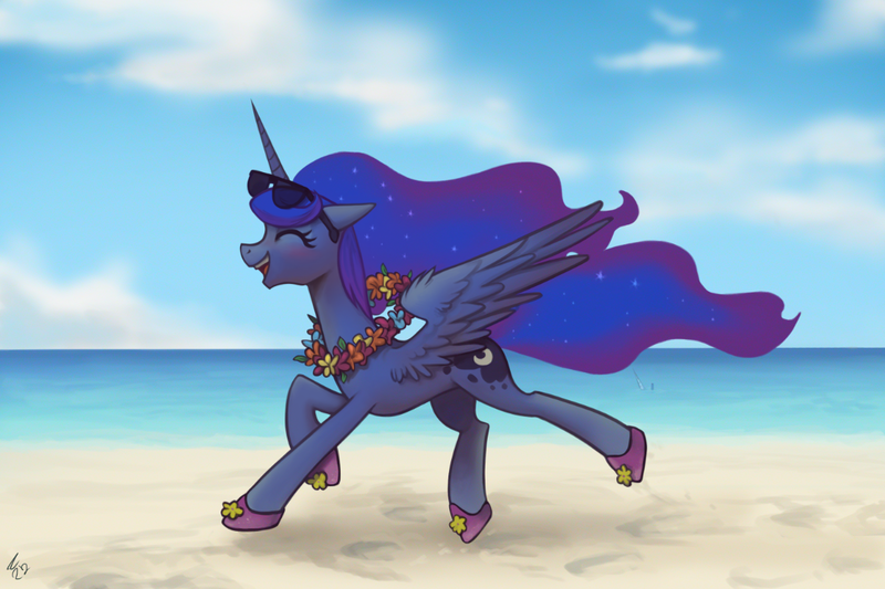 Size: 1180x786 | Tagged: safe, artist:ehfa, derpibooru import, princess luna, alicorn, pony, beach, blushing, clothes, cute, eyes closed, female, floppy ears, flower, happy, lei, lunabetes, mare, open mouth, running, shoes, smiling, solo, spread wings, sunglasses, when you see it