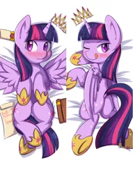 Size: 1200x1567 | Tagged: safe, artist:tikrs007, derpibooru import, twilight sparkle, twilight sparkle (alicorn), alicorn, pony, blushing, body pillow, body pillow design, book, both cutie marks, female, licking, licking lips, mare, new crown, plot, princess shoes, scroll, solo, tongue out, twibutt