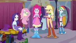 Size: 1280x720 | Tagged: suggestive, derpibooru import, edit, edited screencap, editor:ah96, screencap, applejack, fluttershy, pinkie pie, rainbow dash, rarity, equestria girls, equestria girls (movie), bra, breasts, clothes, panties, underwear, underwear edit