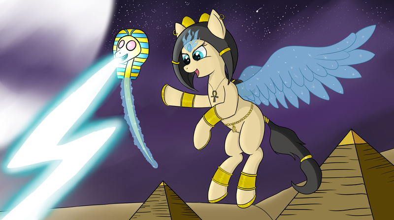 Size: 5000x2800 | Tagged: ankh, artificial wings, artist:sethisto, augmented, derpibooru import, egyptian, egyptian pony, lightning, magic, magic wings, night sky, oc, oc:sphinx, pyramid, safe, unofficial characters only, wings