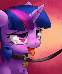 Size: 1215x1450 | Tagged: suggestive, artist:chromaskunk, artist:stoic5, derpibooru import, twilight sparkle, pony, ahegao, chest fluff, collar, female, heart, heart eyes, leash, mind break, pet, pet play, pet tag, solo, solo female, tongue out, wingding eyes