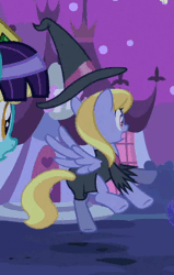 Size: 257x405 | Tagged: animated, background pony, clothes, cloud kicker, costume, derpibooru import, floating, hat, hat pop, jumping, luna eclipsed, open mouth, perfect loop, princess luna, safe, screencap, spread wings, wat, wide eyes, witch, witch hat