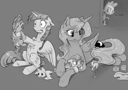 Size: 1280x905 | Tagged: safe, artist:silfoe, derpibooru import, princess luna, spike, twilight sparkle, twilight sparkle (alicorn), alicorn, bat pony, pony, royal sketchbook, baby, baby pony, belly button, crying, diaper, female, foal, grayscale, lesbian, mare, monochrome, nope, pacifier, plushie, shipping, twiluna, vomit