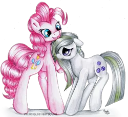 Size: 2745x2504 | Tagged: artist:julunis14, colored pencil drawing, derpibooru import, gift art, hug, marble pie, pie sisters, pie twins, pinkie pie, safe, signature, sisters, traditional art, twins