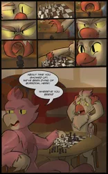 Size: 800x1280 | Tagged: safe, derpibooru import, oc, oc:jay, oc:pb, unofficial characters only, gryphon, comic:misadventures of high tide, chess, chessboard incorrectly oriented, comic, speech bubble