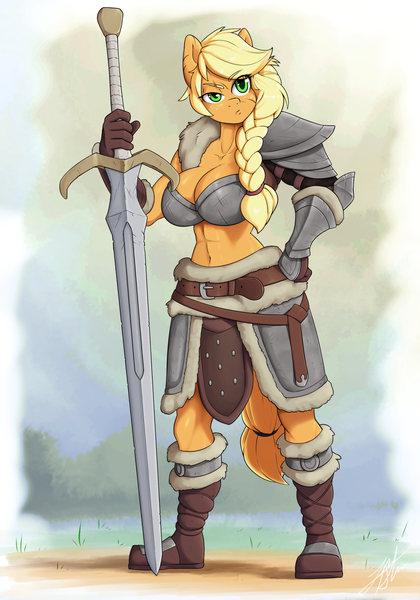 Size: 1260x1800 | Tagged: abs, anthro, applejack, armor, artist:skecchiart, big breasts, breasts, busty applejack, cleavage, derpibooru import, female, plantigrade anthro, safe, solo, sword, unconvincing armor, weapon