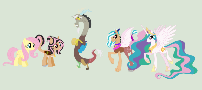 Size: 2412x1076 | Tagged: safe, artist:obeliskgirljohanny, derpibooru import, discord, fluttershy, princess celestia, oc, oc:mariposa, oc:nike, alicorn, draconequus, hybrid, pegasus, pony, discord gets all the mares, discoshy, discoshylestia, dislestia, draconequus hybrid, female, green background, interspecies offspring, male, mare, offspring, parent:discord, parent:fluttershy, parent:princess celestia, parents:discoshy, parents:dislestia, polygamy, shipping, simple background, straight