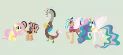 Size: 2412x1076 | Tagged: safe, artist:obeliskgirljohanny, derpibooru import, discord, fluttershy, princess celestia, oc, oc:mariposa, oc:nike, alicorn, draconequus, hybrid, pegasus, pony, discord gets all the mares, discoshy, discoshylestia, dislestia, draconequus hybrid, female, green background, interspecies offspring, male, mare, offspring, parent:discord, parent:fluttershy, parent:princess celestia, parents:discoshy, parents:dislestia, polygamy, shipping, simple background, straight