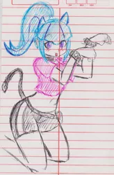 Size: 1317x2002 | Tagged: safe, artist:orochivanus, derpibooru import, sonata dusk, equestria girls, cat ears, cat tail, kneeling, lined paper, midriff, open mouth, solo, traditional art