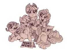 Size: 1115x772 | Tagged: safe, artist:buttersprinkle, derpibooru import, applejack, fluttershy, pinkie pie, rainbow dash, rarity, twilight sparkle, earth pony, pegasus, pony, unicorn, :d, :o, :t, adoption, blank flank, c:, cute, dashabetes, diapinkes, female, filly, floppy ears, happy, jackabetes, leaning, looking up, mane six, one eye closed, open mouth, pen drawing, petting, prone, raribetes, shyabetes, simple background, sitting, smiling, smirk, spread wings, traditional art, twiabetes, white background, wings, wink, younger