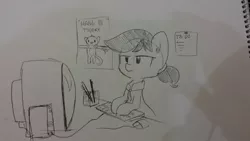 Size: 1280x720 | Tagged: safe, artist:tjpones, derpibooru import, oc, unofficial characters only, pony, black and white, computer, computer mouse, grayscale, hang in there, keyboard, monitor, monochrome, ponytail, poster, sketch, solo, traditional art