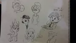 Size: 1280x720 | Tagged: safe, artist:tjpones, derpibooru import, oc, oc:brownie bun, oc:richard, ponified, unofficial characters only, dragon, giraffe, human, black and white, derp, grayscale, humanized, keyboard, monochrome, necktie, sketch, traditional art