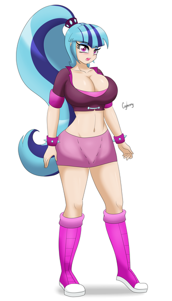 Size: 3773x6587 | Tagged: suggestive, artist:thebrokencog, derpibooru import, coloratura, sonata dusk, human, equestria girls, big breasts, boots, breasts, busty sonata dusk, cleavage, clothes, countess coloratura, female, hips, human coloration, humanized, legs, miniskirt, ponytail, skirt, solo, solo female, thighs, wristband