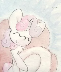 Size: 679x796 | Tagged: artist:slightlyshade, coconut, cute, derpibooru import, diasweetes, food, safe, solo, sweetie belle, traditional art