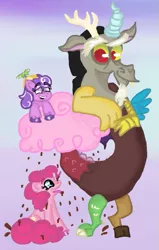 Size: 459x723 | Tagged: safe, artist:pinkie fry, derpibooru import, discord, pinkie pie, screwball, chocolate, chocolate rain, cloud, cotton candy, cotton candy cloud, discopie, female, food, leaning, male, open mouth, rain, shipping, sitting, smiling, straight, tongue out