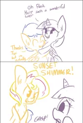 Size: 640x955 | Tagged: safe, artist:tjpones, derpibooru import, edit, flash sentry, sunset shimmer, twilight sparkle, twilight sparkle (alicorn), alicorn, pony, comic, cropped, disguise, female, flashlight, lesbian, lineart, male, mare, ponysuit, shipping, simple background, straight, sunsetsparkle, what a twist, white background