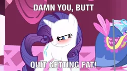 Size: 640x360 | Tagged: blushing, derpibooru import, frustrated, meme, never my fault, plot, rarity, safe, solo, the ass was fat