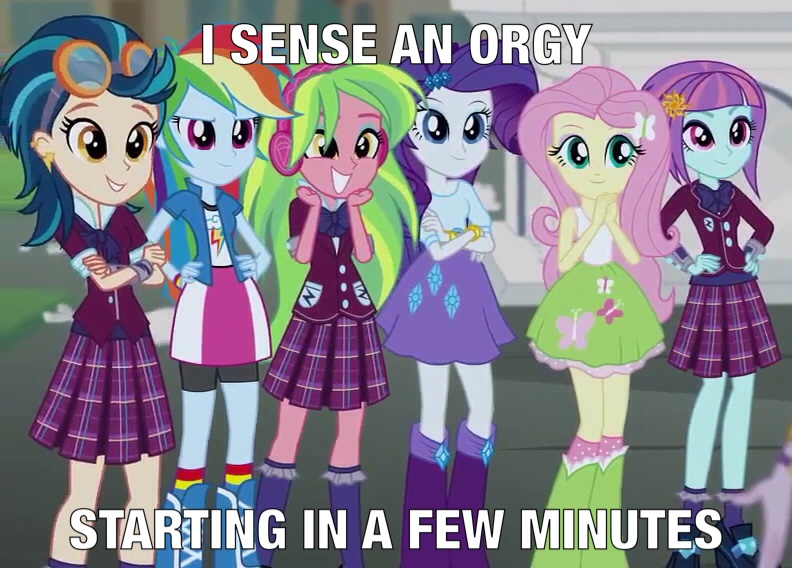 Size: 792x568 | Tagged: suggestive, derpibooru import, edit, edited screencap, screencap, fluttershy, indigo zap, lemon zest, rainbow dash, rarity, sunny flare, equestria girls, friendship games, caption, group, hands on hip, imminent orgy, meme