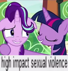 Size: 600x630 | Tagged: suggestive, derpibooru import, edit, edited screencap, screencap, starlight glimmer, twilight sparkle, twilight sparkle (alicorn), alicorn, pony, spoiler:s06, caption, eyes closed, female, floppy ears, grin, high impact sexual violence, hug, mare, nervous, smiling, wide eyes