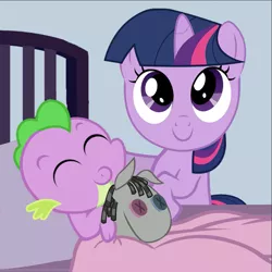 Size: 941x941 | Tagged: dead source, safe, artist:avisola, derpibooru import, smarty pants, spike, twilight sparkle, dragon, pony, unicorn, baby, baby dragon, baby spike, bed, blanket, cute, doll, female, filly, filly twilight sparkle, looking up, male, mama twilight, pillow, sleeping, spikabetes, spikelove, toy, twiabetes, unicorn twilight, younger