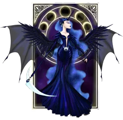 Size: 3600x3509 | Tagged: artist:moryartix, clothes, derpibooru import, dress, eared humanization, gown, horned humanization, human, humanized, nightmare moon, safe, scythe, solo, winged humanization