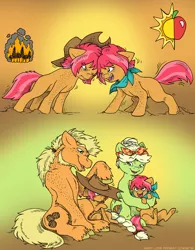 Size: 937x1200 | Tagged: safe, artist:kaemantis, deleted from derpibooru, derpibooru import, granny smith, oc, oc:applejack, oc:felonwood, oc:firewood, earth pony, pony, apple family, family, previous generation, simple background, sisters, young granny smith, younger