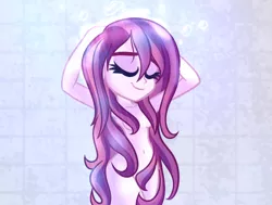 Size: 600x453 | Tagged: suggestive, artist:wubcakeva, derpibooru import, oc, oc:contralto, unofficial characters only, equestria girls, bath, disguised siren, female, godiva hair, nudity, shower, solo, solo female, strategically covered
