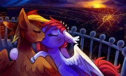 Size: 1280x778 | Tagged: safe, artist:cherivinca, derpibooru import, oc, oc:strawberry glimmer, oc:tech talk, unofficial characters only, bat pony, pegasus, pony, vampony, city, female, kissing, male, night, straight, strawtech, sunset